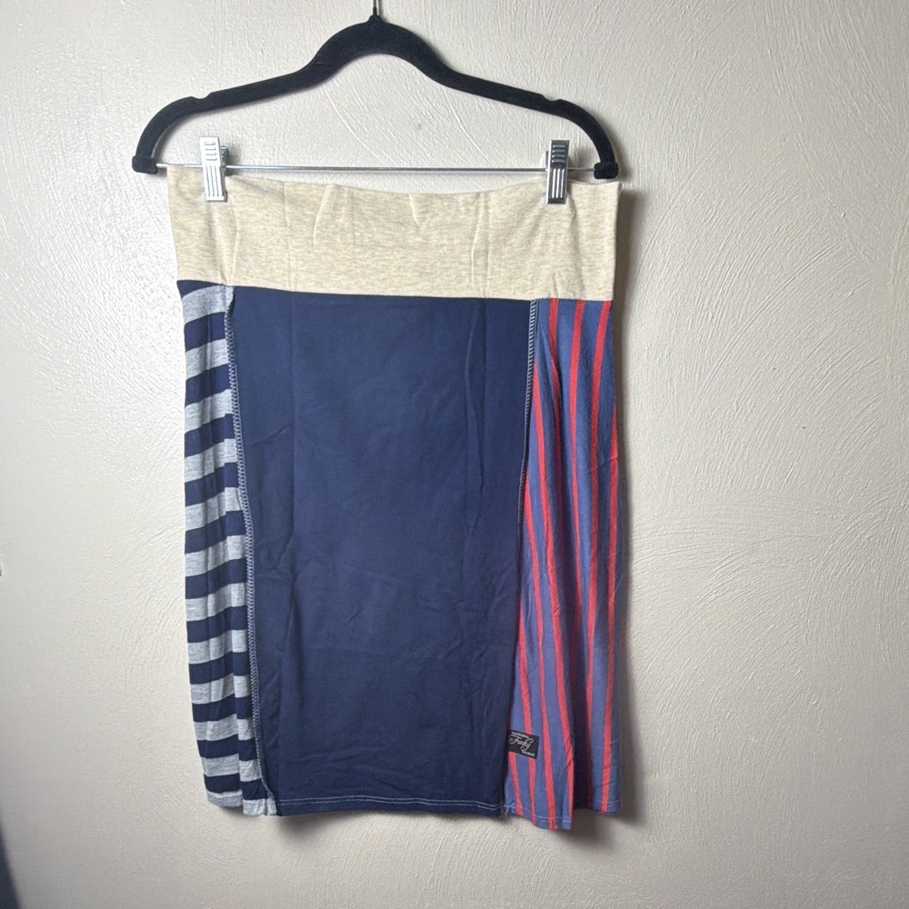 Funky Knit Skirt Patchwork Mixed Print Small Blue Boho Eclectic Festival Mini